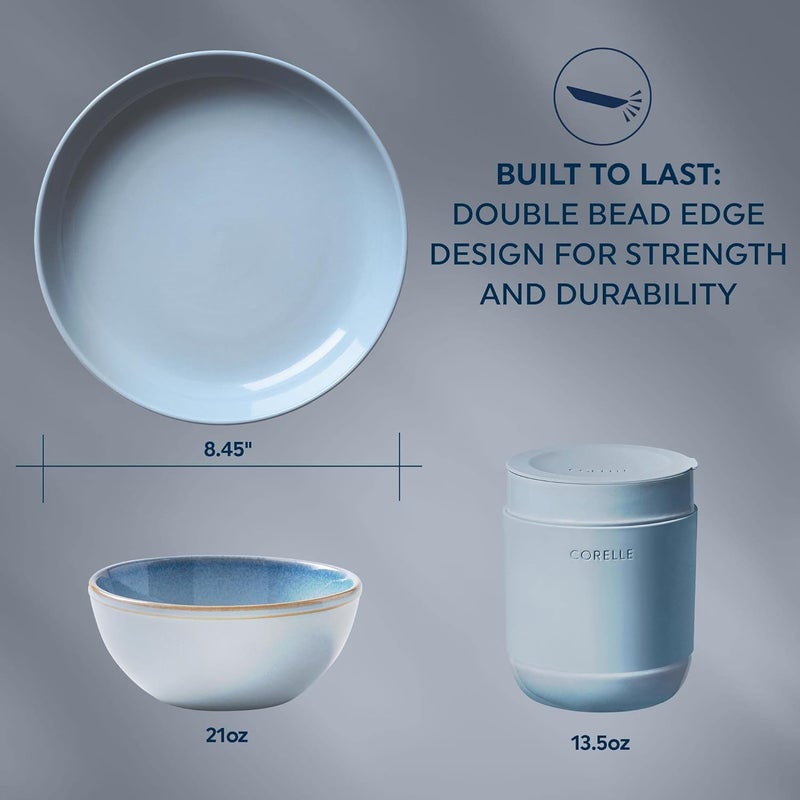 Corelle طقم أدوات المائدة من كوريل من الحجر الخزفي المصنوع يدويًا بتصميم زجاجي صلب وأطباق وأوعية سيراميك حديثة بأسلوب ريفي دائري خدمة لـ 4 أشخاص باللون الأزرق الشمالي 16 قطعة - Image 4