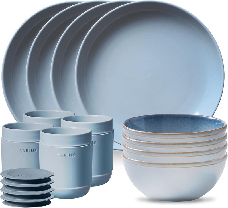 Corelle طقم أدوات المائدة من كوريل من الحجر الخزفي المصنوع يدويًا بتصميم زجاجي صلب وأطباق وأوعية سيراميك حديثة بأسلوب ريفي دائري خدمة لـ 4 أشخاص باللون الأزرق الشمالي 16 قطعة - Image 1