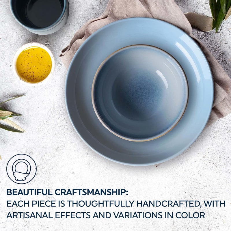 Corelle طقم أدوات المائدة من كوريل من الحجر الخزفي المصنوع يدويًا بتصميم زجاجي صلب وأطباق وأوعية سيراميك حديثة بأسلوب ريفي دائري خدمة لـ 4 أشخاص باللون الأزرق الشمالي 16 قطعة - Image 5