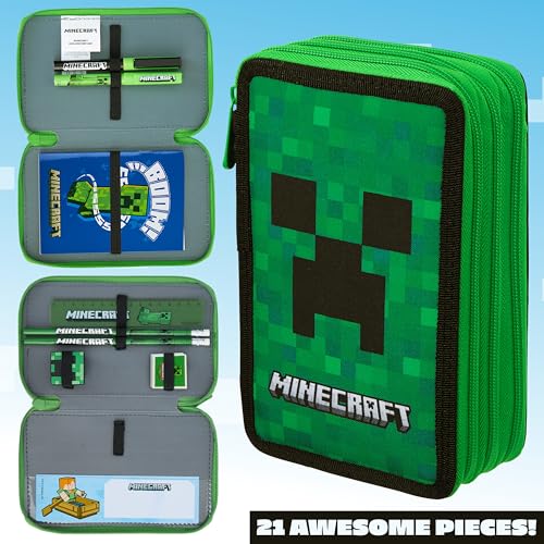 MINECRAFT حافظة أقلام أطفال ماين كرافت لوازم مكتبية أقلام ملونة دفاتر لوازم مدرسية هدايا للاعبين للأولاد (كريبر أخضر) - Image 3