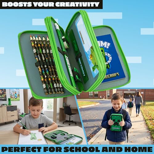 MINECRAFT حافظة أقلام أطفال ماين كرافت لوازم مكتبية أقلام ملونة دفاتر لوازم مدرسية هدايا للاعبين للأولاد (كريبر أخضر) - Image 2