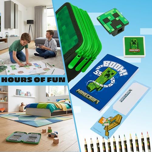 MINECRAFT حافظة أقلام أطفال ماين كرافت لوازم مكتبية أقلام ملونة دفاتر لوازم مدرسية هدايا للاعبين للأولاد (كريبر أخضر) - Image 4