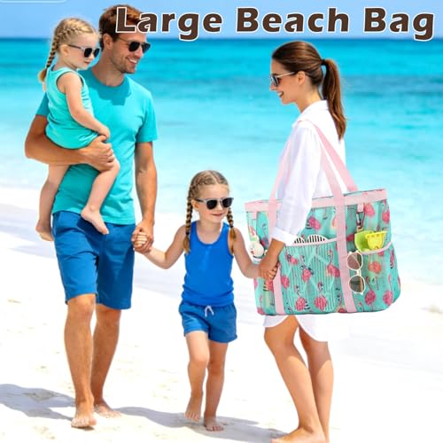 Fammart Mesh Beach Bag with Zipper for Women Large Beach Tote Sandproof Toys Pool Swim Bag Travel Vacation Cruise Essentials - Image 3