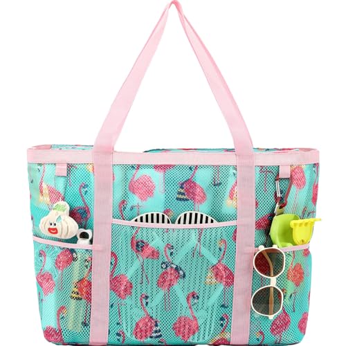 Fammart Mesh Beach Bag with Zipper for Women Large Beach Tote Sandproof Toys Pool Swim Bag Travel Vacation Cruise Essentials - Image 1