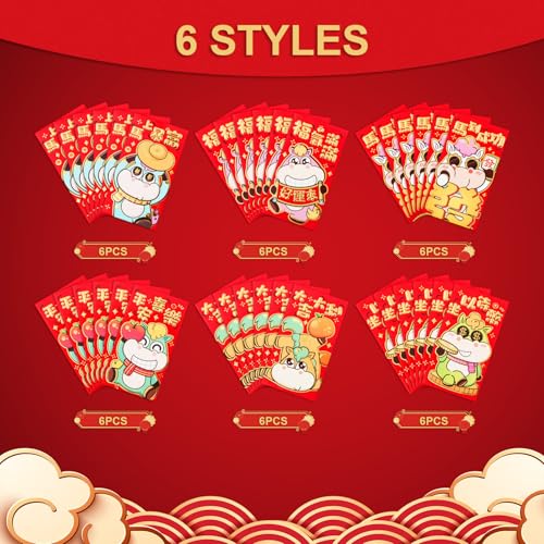CARGEN Red Envelopes - 36 PCS 3.5 X 6.7 inches Chinese Envelopes Hong Bao Lunar New Year 2026 Horse Spring Festival New Years Money Coins Cash Red Gold Envelope Pocket Gift Lucky Envelope 6 Design - Image 2