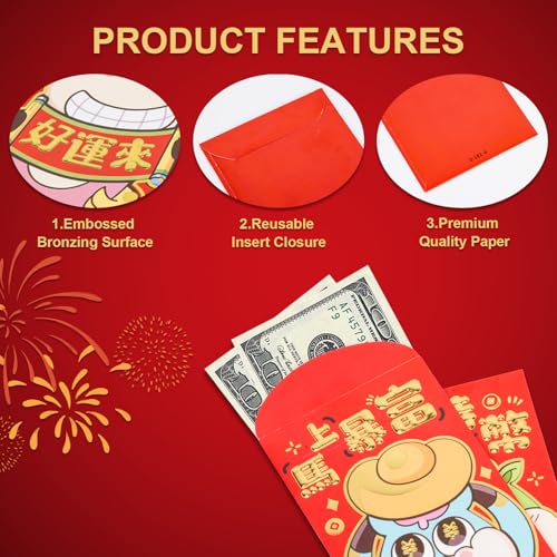 CARGEN Red Envelopes - 36 PCS 3.5 X 6.7 inches Chinese Envelopes Hong Bao Lunar New Year 2026 Horse Spring Festival New Years Money Coins Cash Red Gold Envelope Pocket Gift Lucky Envelope 6 Design - Image 4