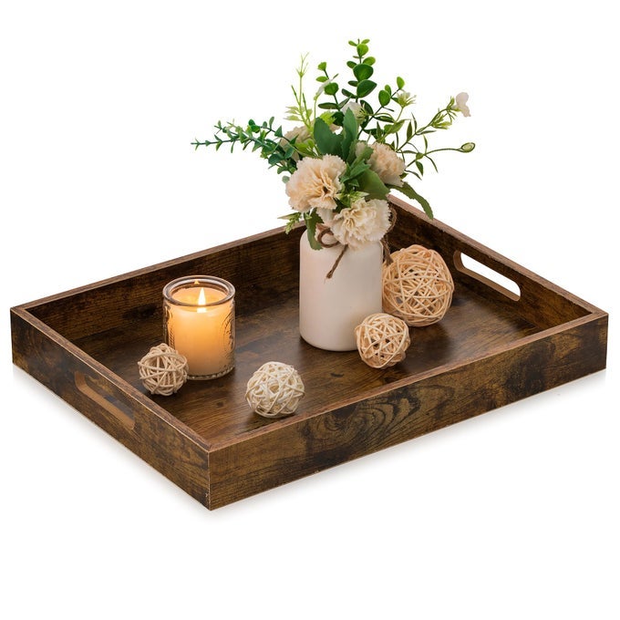 BROWN DECORATIVE SERVING TRAYS RUSTIC BROWN RECTANGLE TRAY DECOR WITH CUTOUT HANDLES FOR COFFEE TABLE OTTOMAN LIVING ROOM KITCHEN HOME DECOR LARGE