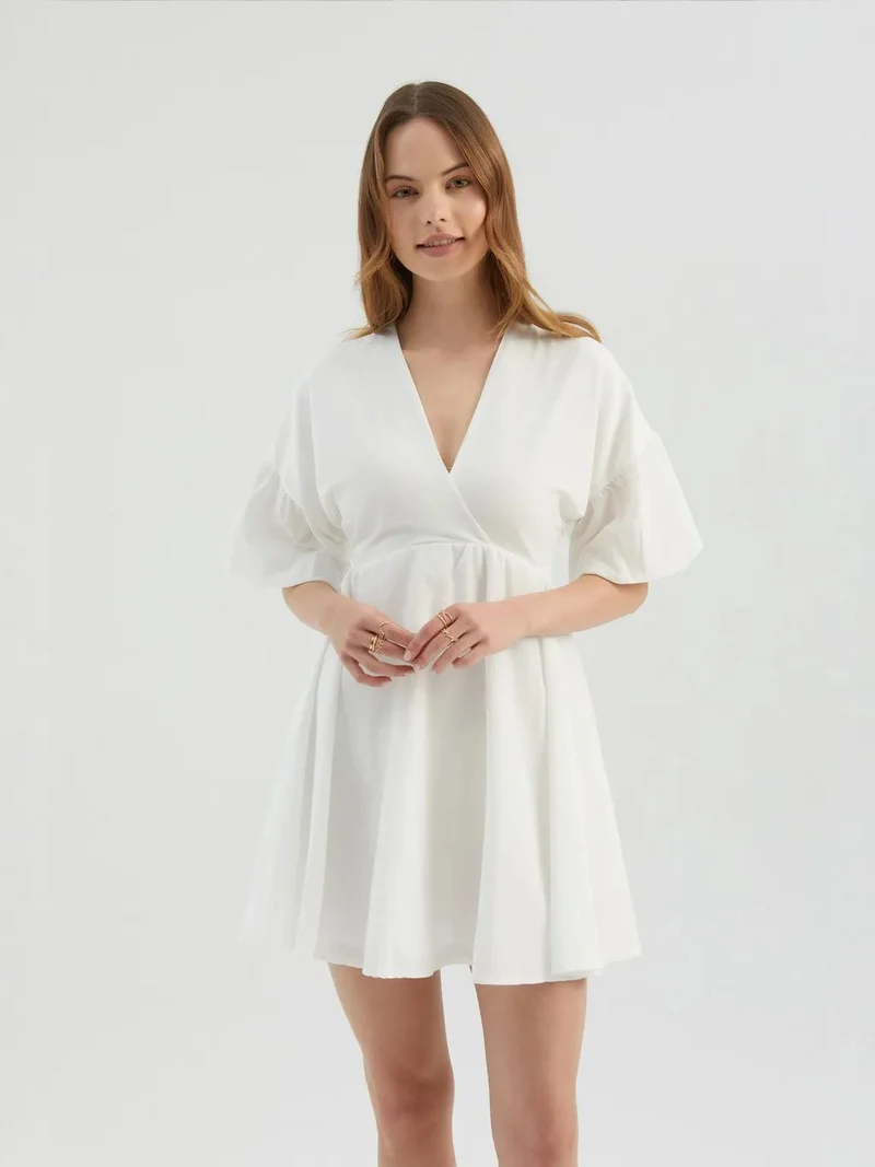 HICCUP V Neck Puff Sleeves Mini Dress with a Belt Detail