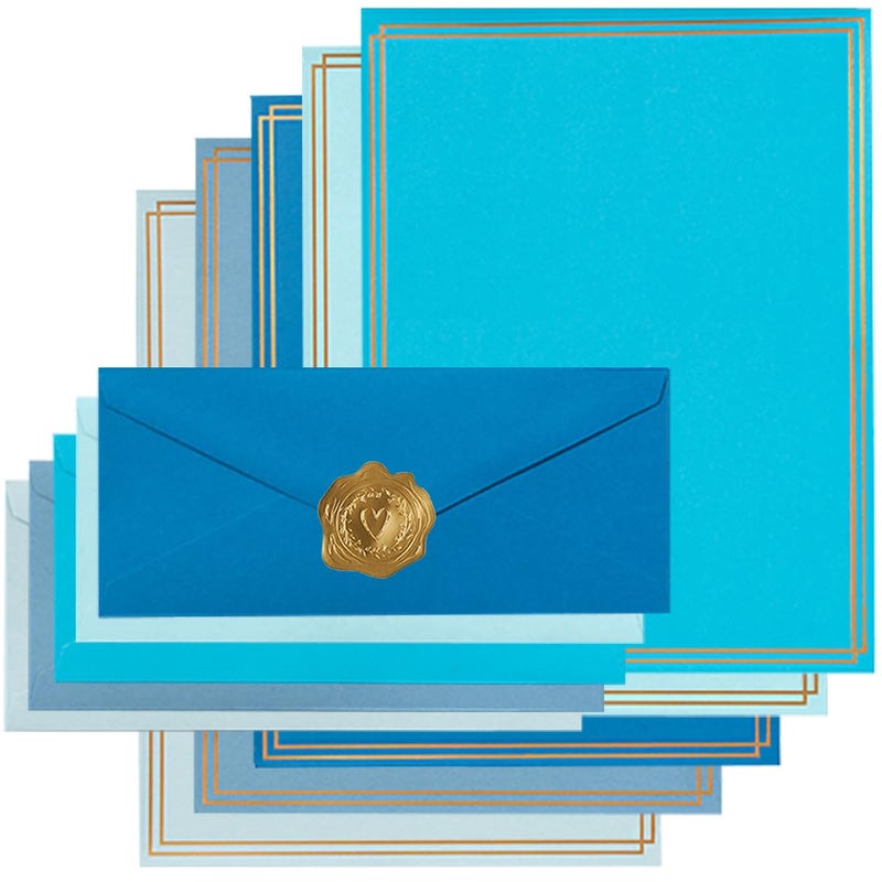 Toperd 50 Pack Colored Stationery Set, 5 Colors #10 Business Envelopes, 50 Sheets 8.5x11 Paper Sheet and Gold Stickers for Office, Letters, Invitations (Blue) - Image 1