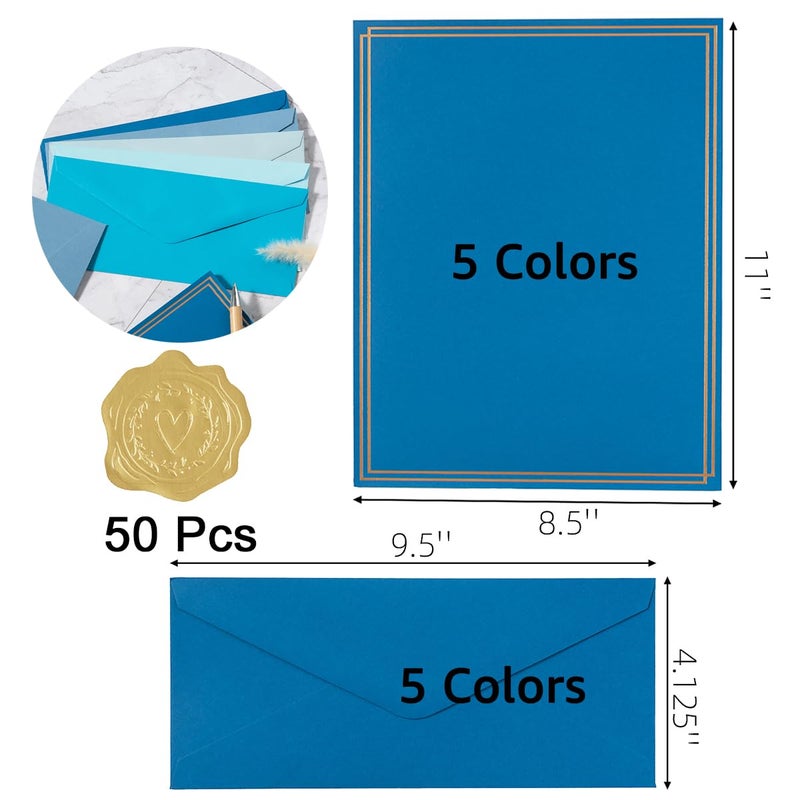 Toperd 50 Pack Colored Stationery Set, 5 Colors #10 Business Envelopes, 50 Sheets 8.5x11 Paper Sheet and Gold Stickers for Office, Letters, Invitations (Blue) - Image 2