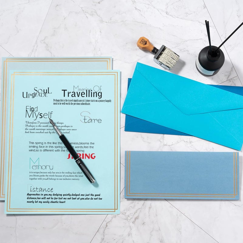 Toperd 50 Pack Colored Stationery Set, 5 Colors #10 Business Envelopes, 50 Sheets 8.5x11 Paper Sheet and Gold Stickers for Office, Letters, Invitations (Blue) - Image 4