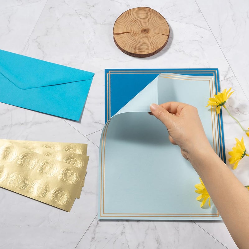 Toperd 50 Pack Colored Stationery Set, 5 Colors #10 Business Envelopes, 50 Sheets 8.5x11 Paper Sheet and Gold Stickers for Office, Letters, Invitations (Blue) - Image 3