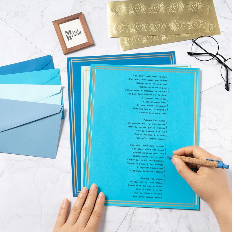 Toperd 50 Pack Colored Stationery Set, 5 Colors #10 Business Envelopes, 50 Sheets 8.5x11 Paper Sheet and Gold Stickers for Office, Letters, Invitations (Blue) - Image 5