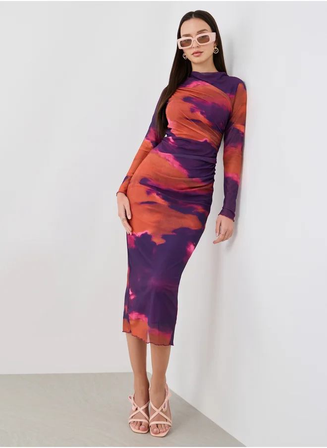 Styli Tie and Dye Print Ruched Waist Bodycon Midi Dress