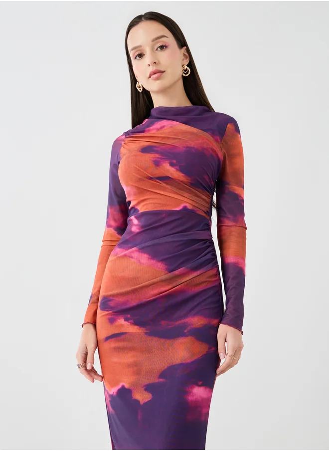 Styli Tie and Dye Print Ruched Waist Bodycon Midi Dress