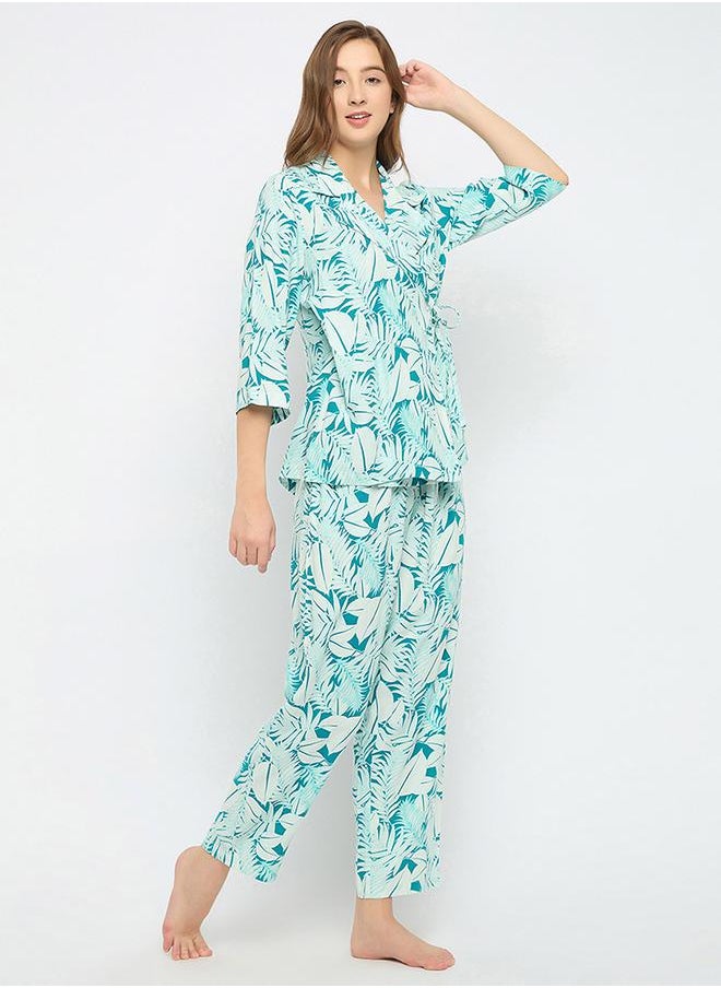 Clovia Leaf Print Wrap Top & Pyjama Set by Styli  - Image 4