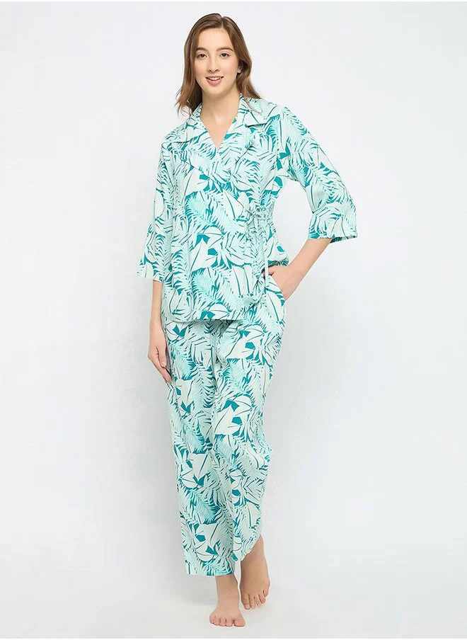 Clovia Leaf Print Wrap Top & Pyjama Set