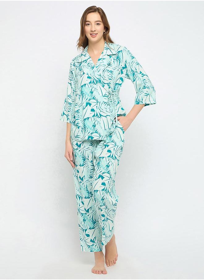 Clovia Leaf Print Wrap Top & Pyjama Set by Styli  - Image 1