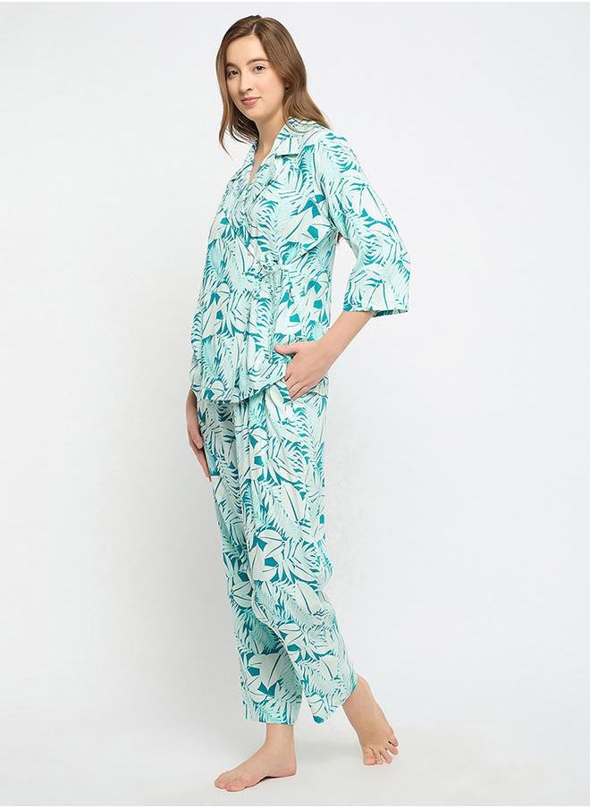 Clovia Leaf Print Wrap Top & Pyjama Set by Styli  - Image 3