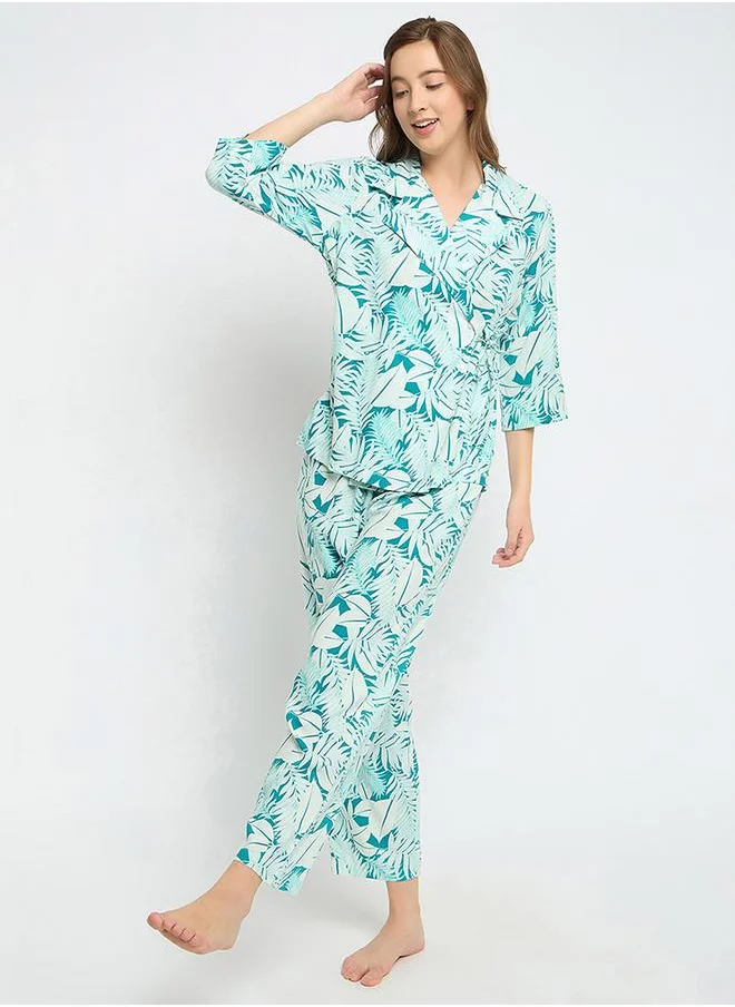 Clovia Leaf Print Wrap Top & Pyjama Set