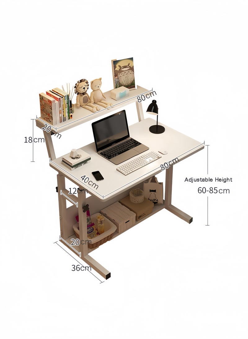 GGEROU Computer Home Office Desk Multi Purpose Study Desk Table With Storage Shelf And Bookshelf Space Saving Design for Home and Office 80 * 40cm Desktop, Height Adjustable 65-80cm, White - Image 2