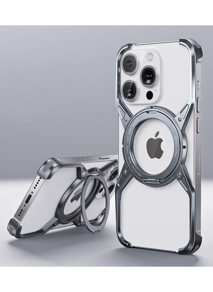 general Metal Case for IPhone 16 Pro Max (2024),Aluminum Alloy Hollow Phone Case with 360° Magnetic Ring Stand,Compatible with Car Mount & Wireless Charging,Anti-fall Protective Cover - Image 1