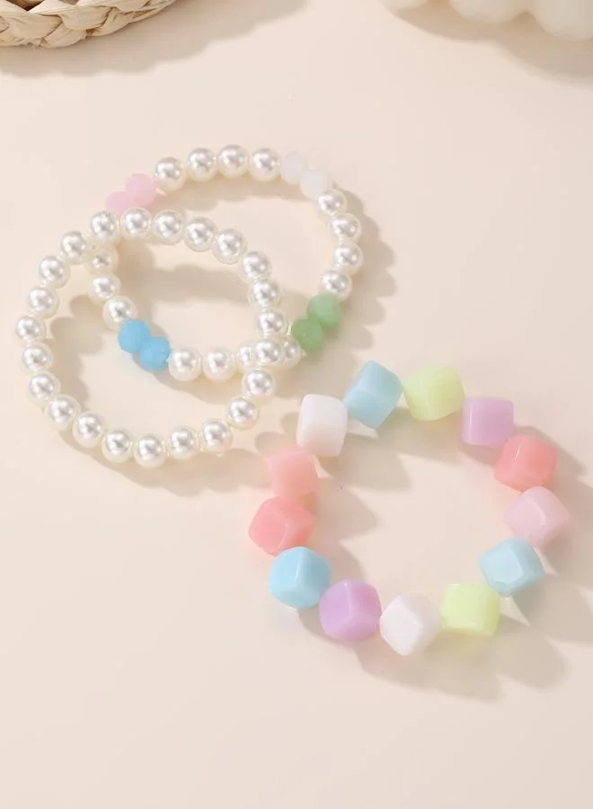 Take Two  Pack of 3 - Girls Multi-Color Cube and Pearl Beaded Bracelets for Women | Best Price UAE