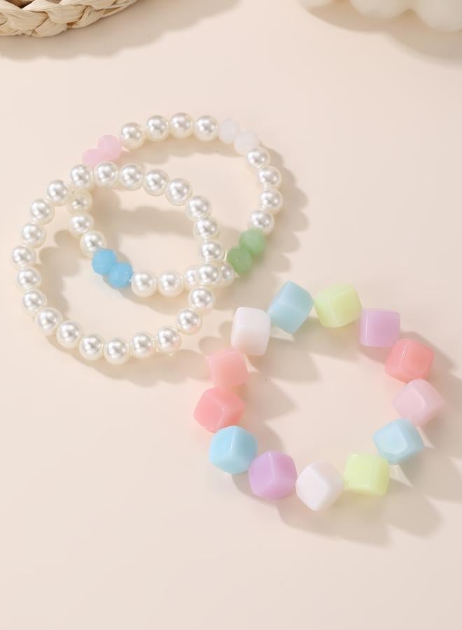 Take Two Pack of 3 - Girls Multi-Color Cube and Pearl Beaded Bracelets - Image 3