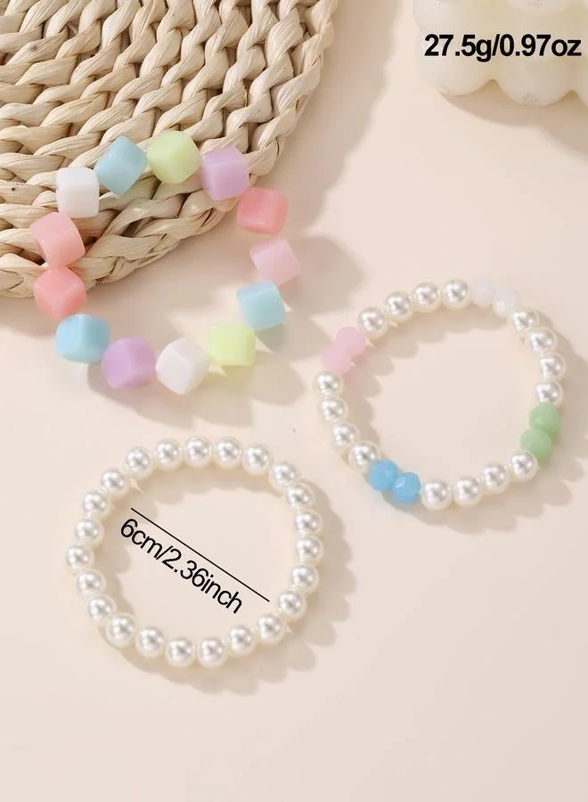 Take Two  Pack of 3 - Girls Multi-Color Cube and Pearl Beaded Bracelets for Women | Best Price UAE