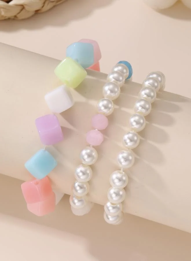 Pack of 3 - Girls Multi-Color Cube and Pearl Beaded Bracelets