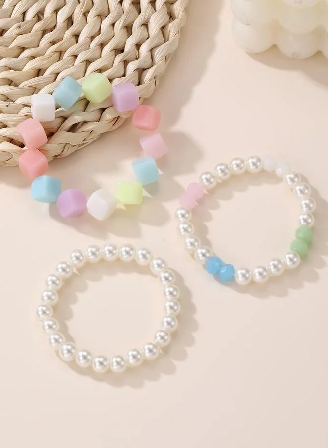 Take Two  Pack of 3 - Girls Multi-Color Cube and Pearl Beaded Bracelets for Women | Best Price UAE