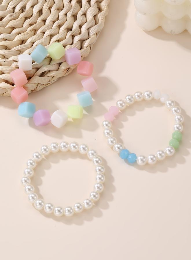 Take Two Pack of 3 - Girls Multi-Color Cube and Pearl Beaded Bracelets - Image 2
