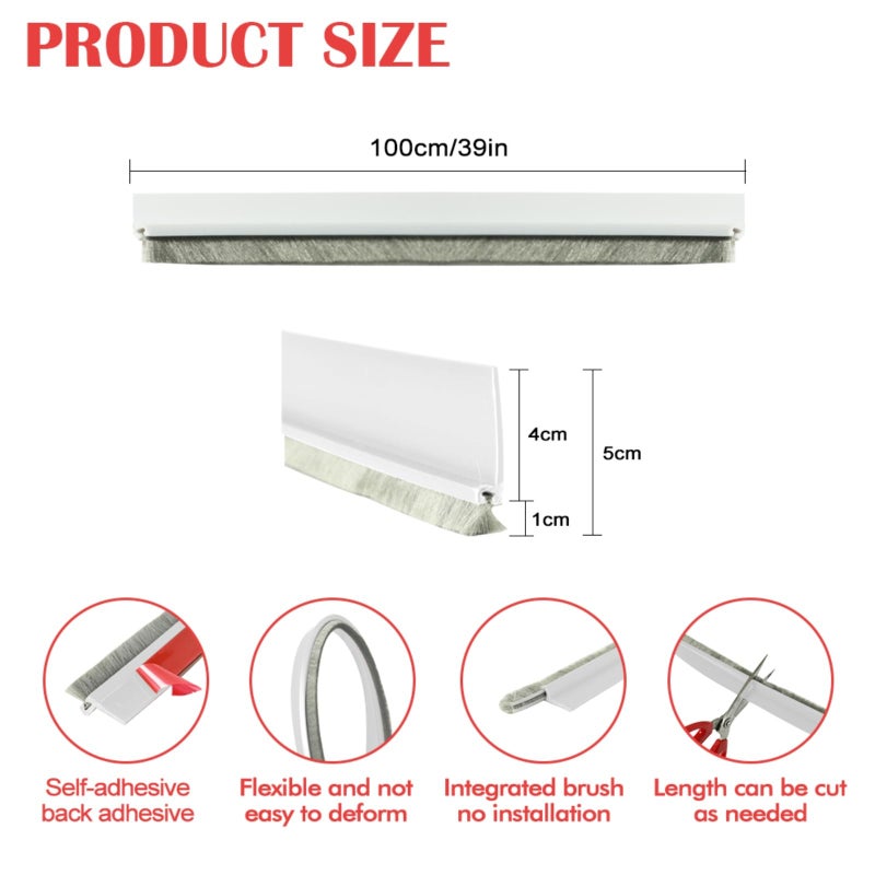NAKBINX Door Sweep for Bottom of Door, 39.2" L Integrated Design with Brush, Self Adhesive Under Door Draft Stopper for Bottom of Door, Door Seal Dust/Noise/Hot or Cold Air Insulation, White 2" W - Image 3