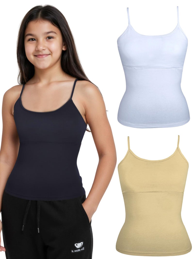 DChica Girls Cotton Regular Fit Essentials Padded Camisole Bra Sleeveless Undershirts Cami Vest with Adjustable Straps, Camisole Tank Top/Innerwear (Pack of 3 - Multicolor) Solid, 12-14 Years - Image 1