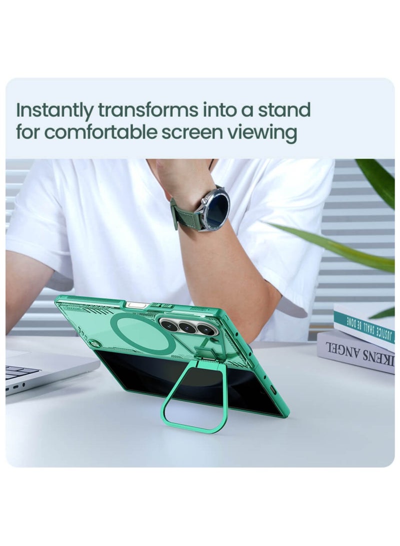 Nillkin Iceblade Magnetic Camera Protection Case for Samsung Galaxy Z Fold 6 5G – Green, Eco-Friendly Bio-Based Material, Aerospace Aluminum Stand, MagSafe Compatible, Anti-Slip Textured Surface