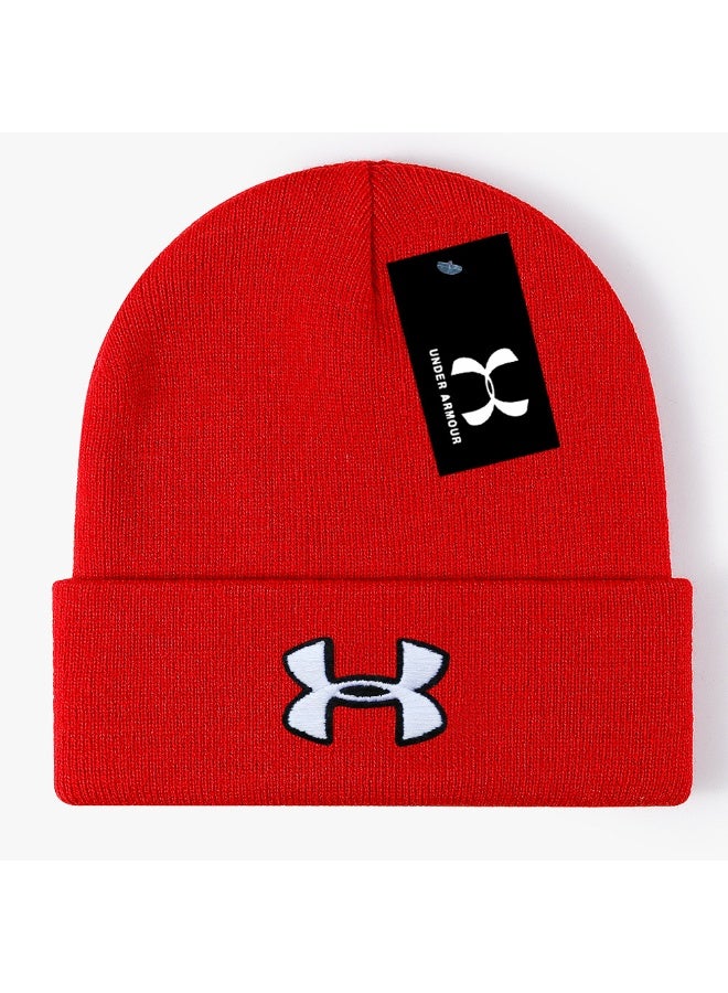 Under Armour Bold Red Ribbed Knit Beanie (White Logo)