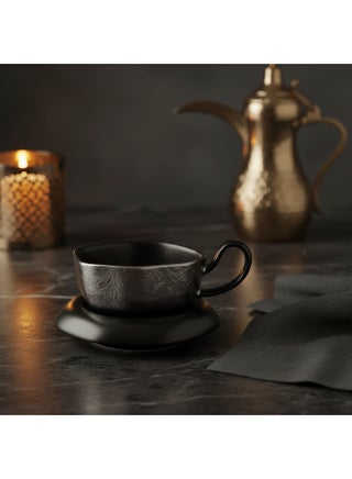 AKDC Stylish Silver Ceramic Cup with Modern Decorative Finish & Contrasting Black Saucer 200ml