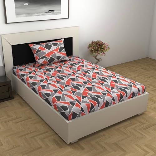 Divine Casa 144 TC 100% Cotton Bedsheet for Single Bed with 1 Pillow Cover (Size 145 X 223 cm, Geometric, Red Grey) - Image 1