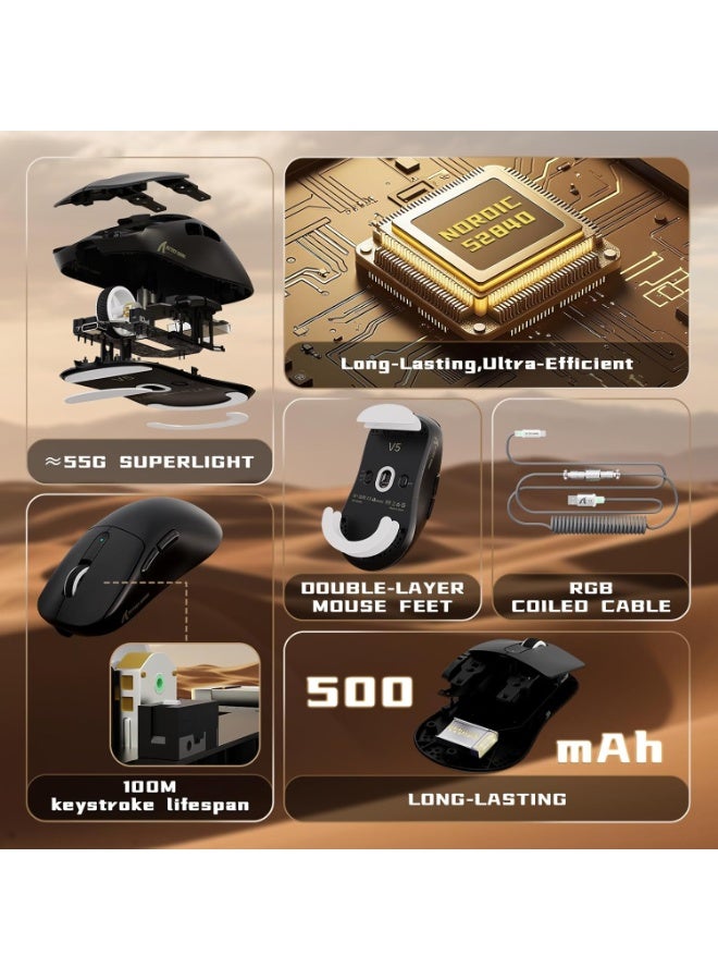 هجوم القرش ماوس ألعاب لاسلكي V5 خفيف الوزن للغاية 53 جرامًا، مستشعر بصري PAW3950MAX بدقة 42 ألف نقطة في البوصة، وحدة تحكم دقيقة Nordic 52840، 20000 إطار في الثانية، معدل استطلاع 8 كيلو هرتز، مستقبل LED، اتصال ثلاثي الأوضاع BT/2.4G/سلكي، بطارية قابلة لإعادة الشحن 500 مللي أمبير في الساعة - Image 3