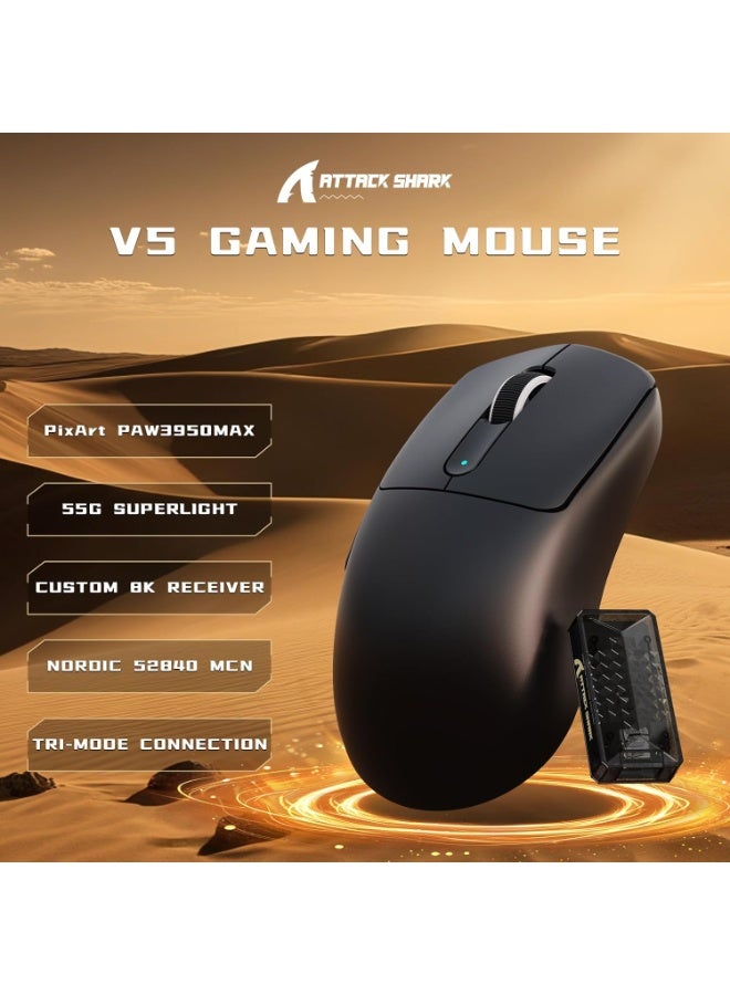 هجوم القرش ماوس ألعاب لاسلكي V5 خفيف الوزن للغاية 53 جرامًا، مستشعر بصري PAW3950MAX بدقة 42 ألف نقطة في البوصة، وحدة تحكم دقيقة Nordic 52840، 20000 إطار في الثانية، معدل استطلاع 8 كيلو هرتز، مستقبل LED، اتصال ثلاثي الأوضاع BT/2.4G/سلكي، بطارية قابلة لإعادة الشحن 500 مللي أمبير في الساعة - Image 2