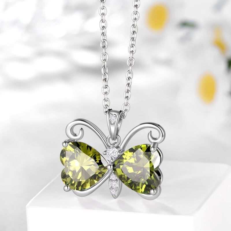 Juwaliy Green Butterfly Necklace Heart August Birthstone Necklace Peridot Silver Plated Pendant Jewelry Women Daughter Wife Birthday Mother's Day Gift - Image 5