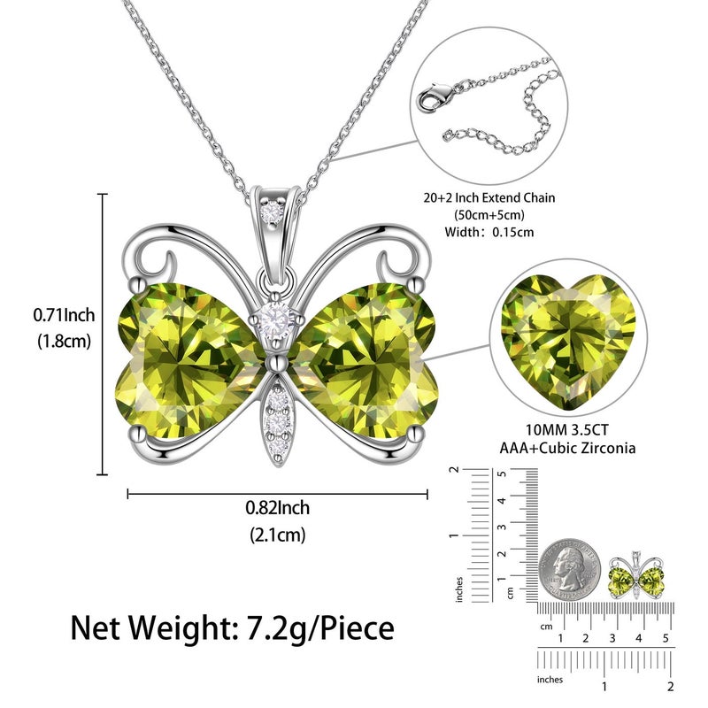 Juwaliy Green Butterfly Necklace Heart August Birthstone Necklace Peridot Silver Plated Pendant Jewelry Women Daughter Wife Birthday Mother's Day Gift - Image 4