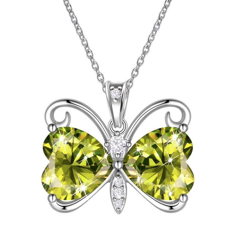 Juwaliy Green Butterfly Necklace Heart August Birthstone Necklace Peridot Silver Plated Pendant Jewelry Women Daughter Wife Birthday Mother's Day Gift - Image 1