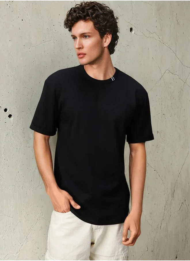 HIGH STAR Men's Black 100% Cotton Solid Relaxed Fit T-Shirt