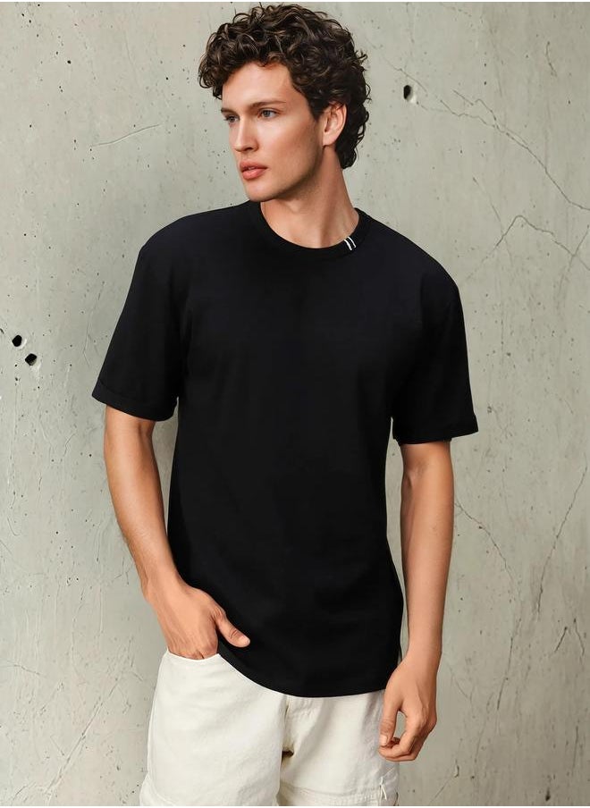 HIGH STAR Men's Black 100% Cotton Solid Relaxed Fit T-Shirt  - Image 2