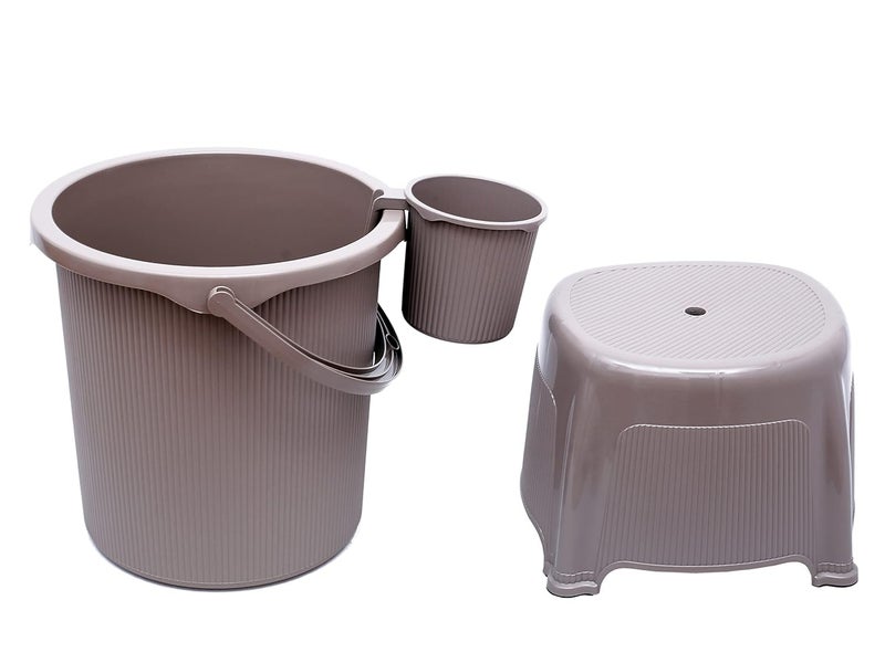 Regalo Regalo Round Ribbed Funk 3 Pcs Bathroom Set Bucket 25LMug 15LStool RoundDark Brown  - Image 1