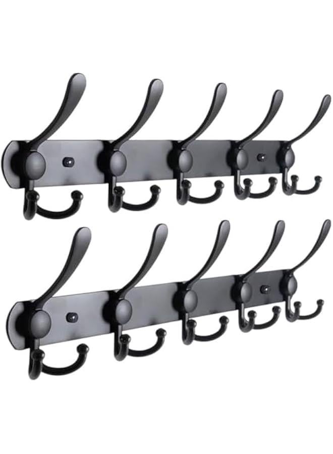 2 Pack Coat Rack Wall Mounted, Heavy Duty Stainless Steel with 5 Tri Hooks Metal Coat Hooks Rail for Hanging Coats, Hanger, Hat, Towel, Backpack, Robes, Mudroom, Bathroom (Black) - Image 1