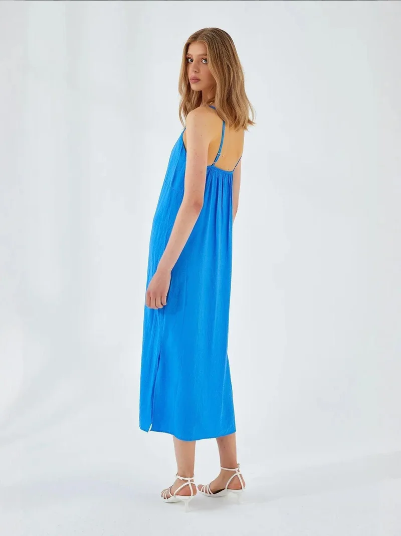 MixRay Cobalt Blue Mixray V-Neck Slit Midi Dress for Women | Best Price UAE