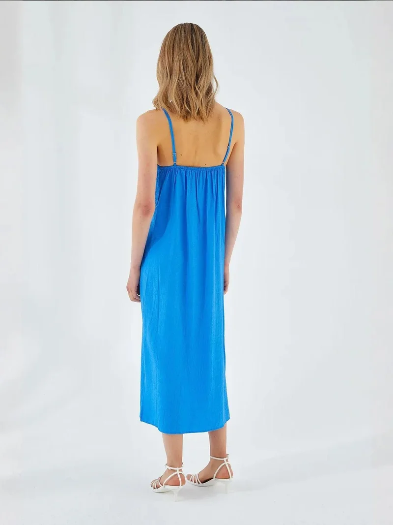 MixRay Cobalt Blue Mixray V-Neck Slit Midi Dress for Women | Best Price UAE