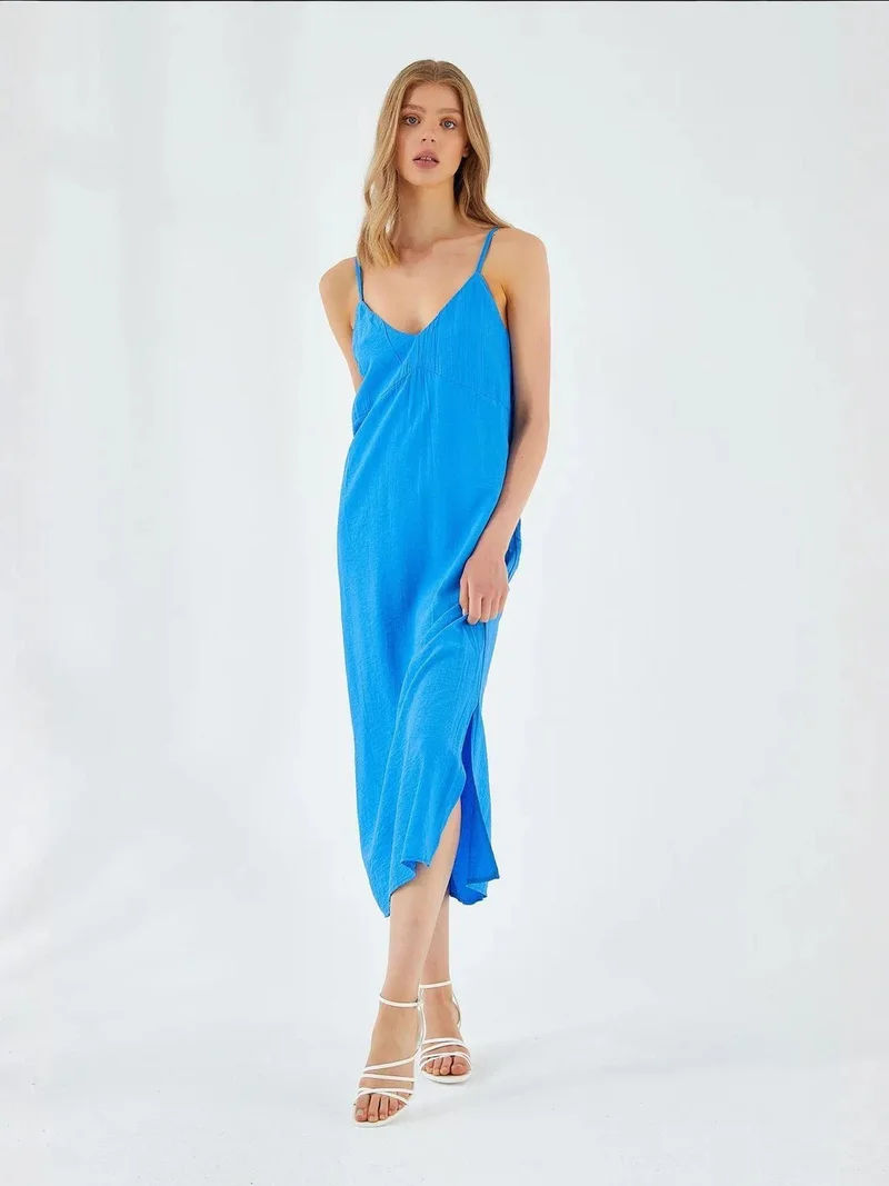 MixRay Cobalt Blue Mixray V-Neck Slit Midi Dress for Women | Best Price UAE